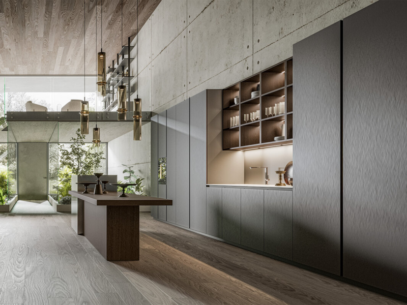 Basi isola CX 16 metal titanio con maniglia. Top, spalle e schienali isola acciaio inox mat. Basi CX 18 metal titanio con
gola piatta. Top ceramica Aura Natural. Colonne CX 16 metal titanio con maniglia.