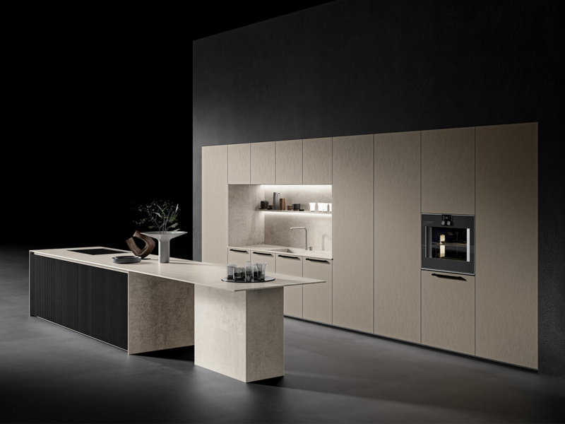 Basi isola CX 18 essenza cannet&egrave; rovere carbone con gola piatta. Top, spalle e sostegni isola ceramica Aura Natural.  Basi e colonne CX 16 metal nichel con maniglia. Top ceramica Aura Natural.