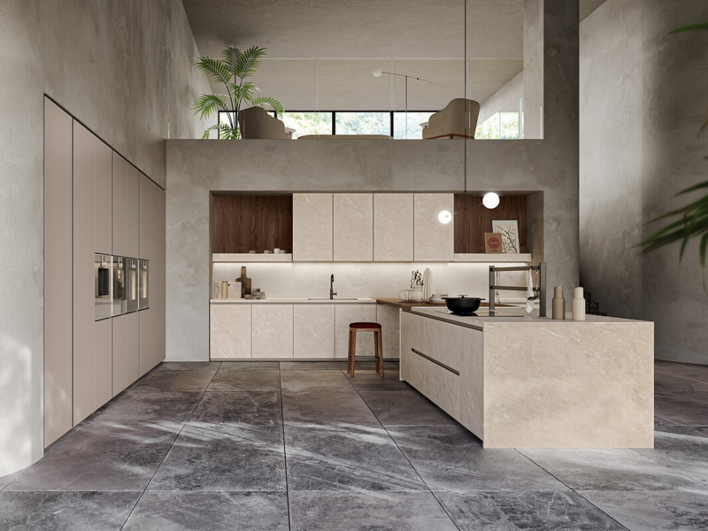 Basi CX 15 telaio nero e ceramica Blanco Plus Abujardado Pacific.Top, spalle e schienali ceramica Blanco Plus Abujardado Pacific. Schienali essenza noce Canaletto. Mensole con frontalino in ceramica Blanco Plus
Abujardado Pacific. Colonne e pensili CX 13 laccato opaco corda. Piano snack essenza noce Canaletto.