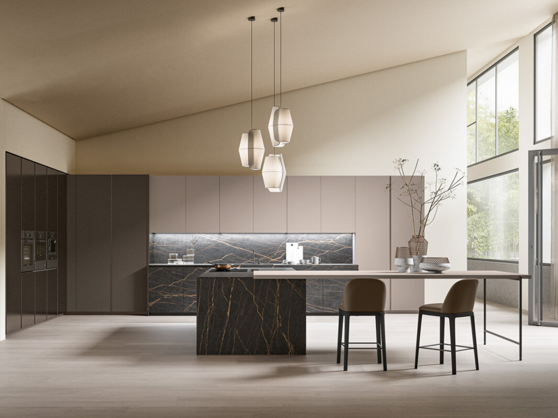 Basi CX 15 telaio nero e ceramica Laurent Natural. Top ceramica Laurent Natural. Colonne CX 15 telaio nero e laccato opaco corda. Colonne CX 15 telaio nero e laccato metallo anodizzato bronzo scuro.